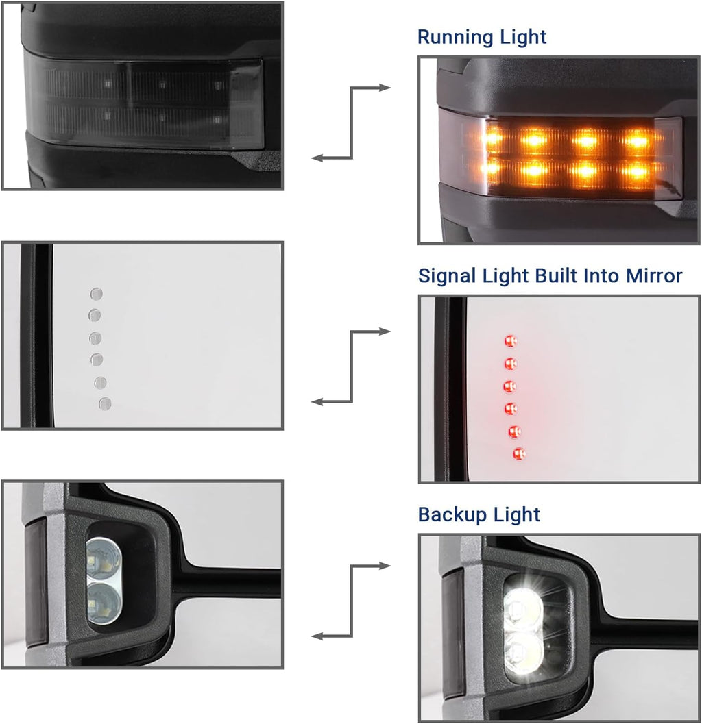 Towing Mirror for Silverado Sierra -Compatible with 2014-2018 Chevy Silverado GMC Sierra With Power Operated Heated Glass Turn Signal Light&Running Light Driver&Passenger Sides