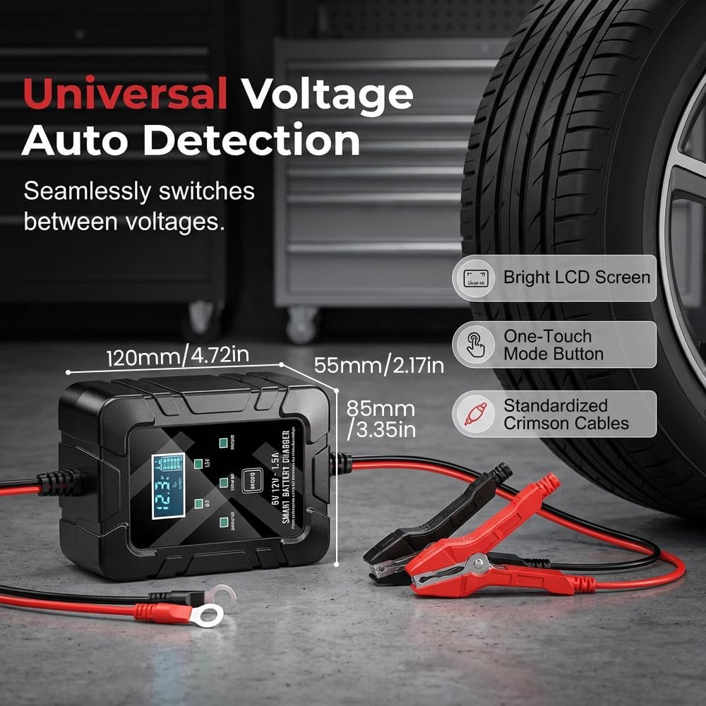 Battery Charger and Desulfator, 6V 12V Automatic Intelligent Recognition, Smart Pulse Repairer for Car Motorcycle Marine Batteries, with Trickle Charge Function and LED Display (1 Set)