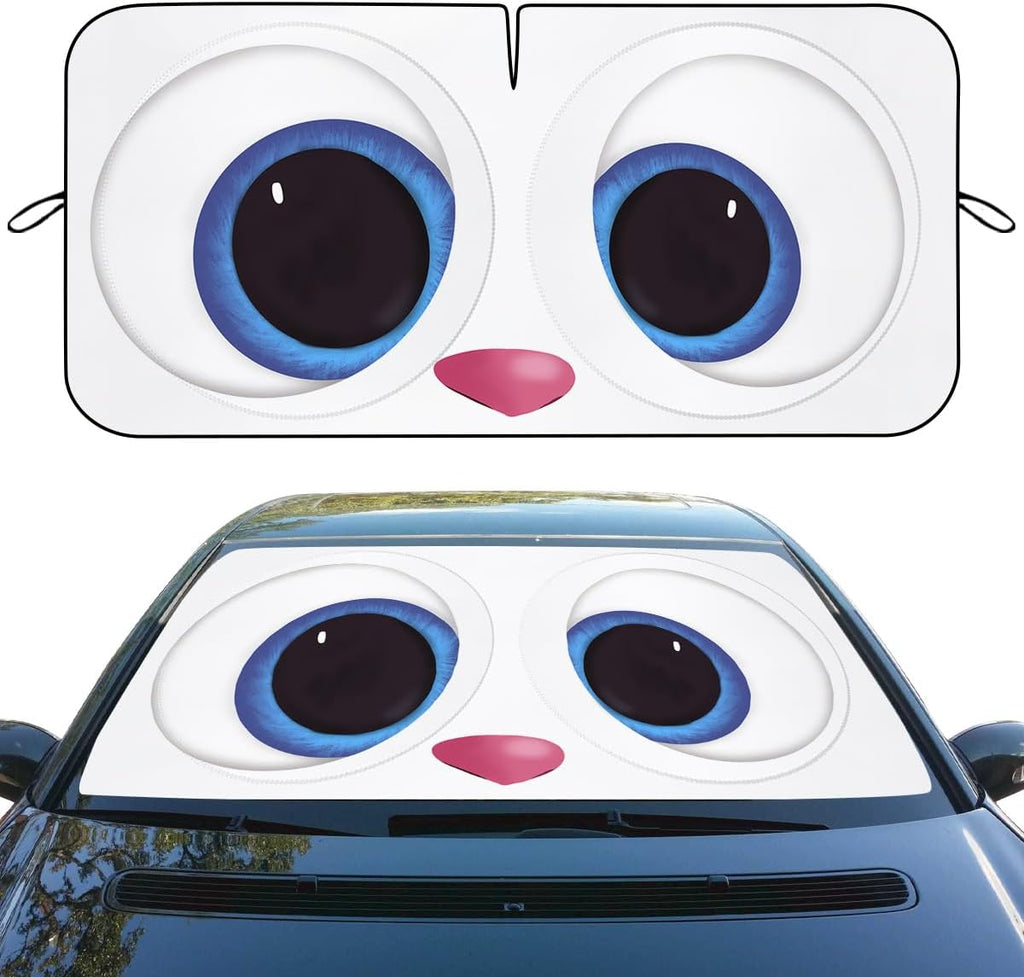 Cute Eyes Car Windshield Sun Shade - Funny Cartoon Rabbit Eye Heatshield Blocks UV Rays Sun Visor Protector for Sedan, Truck, SUV - 59" L x 31.5" W