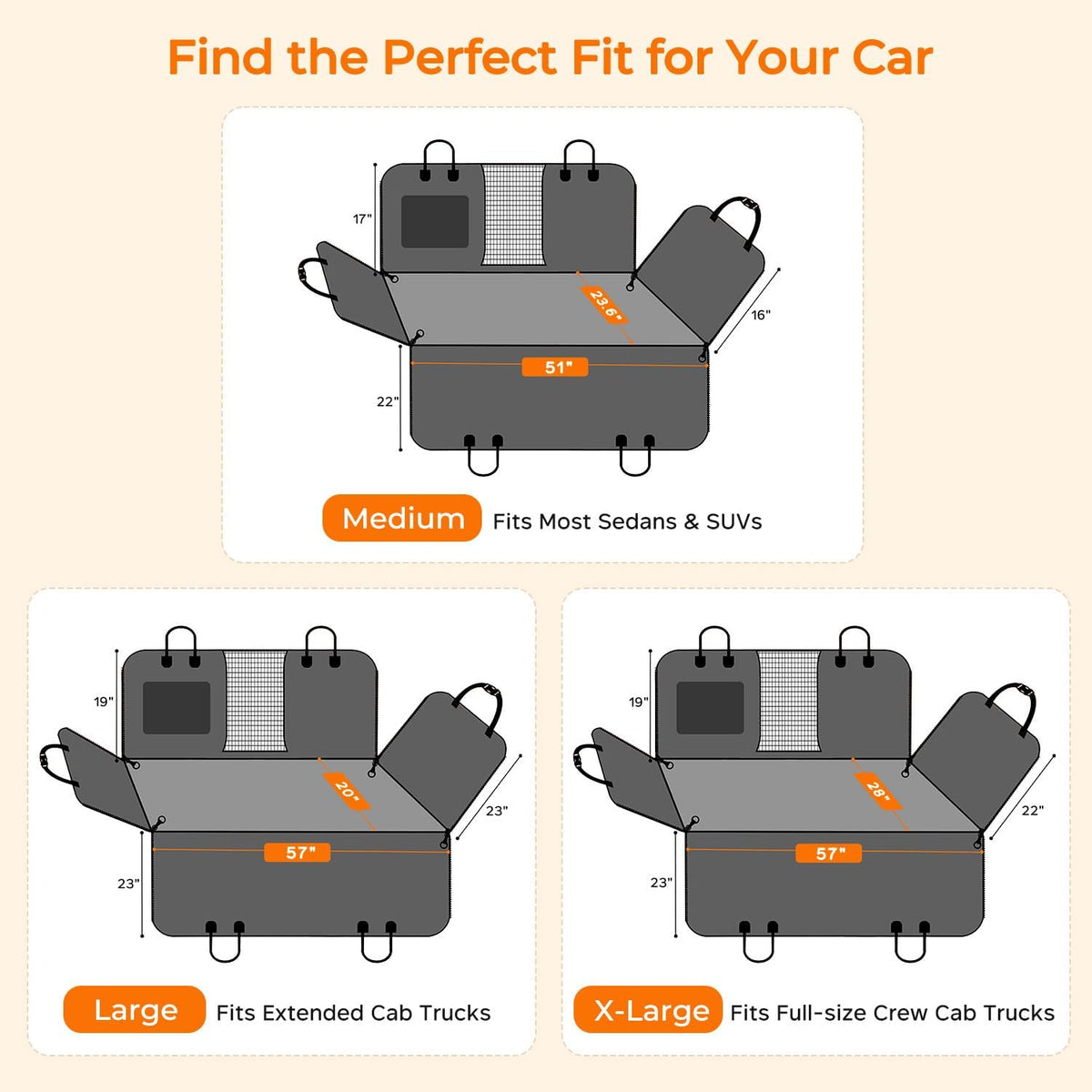 urpower hard bottom dog car seat cover, back showing dimensions