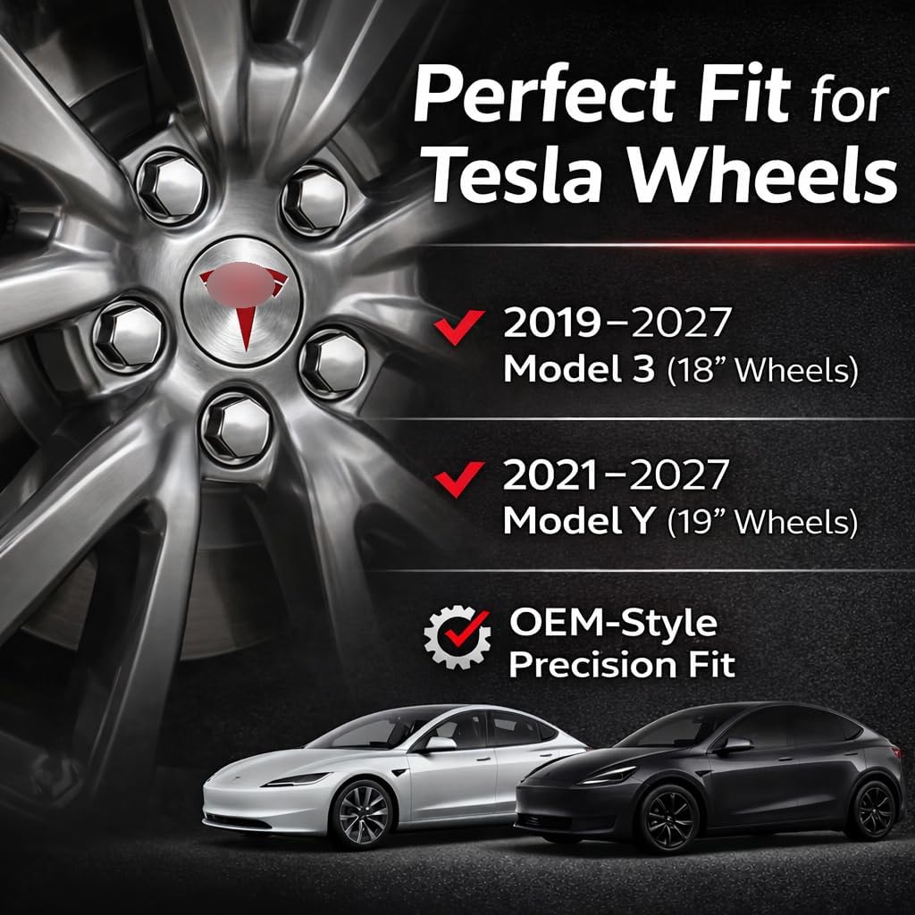Wheel Center Hub Cap Kit with Tesla Emble Brand Center Caps for Model 3 Model Y with 20 Lug Nut Covers (4PCS) (Red-Silver)