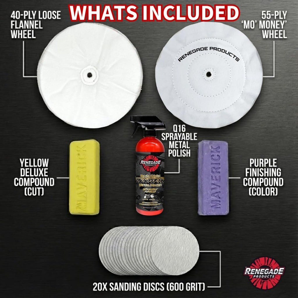 Renegade Products Mo’ Money Gold Standard Bundle | Complete Aluminum & Stainless Steel Polishing Kit with Buffing Wheels, Compounds, Q16 Spray Polish & Sanding Discs | High-Luster Mirror Shine System