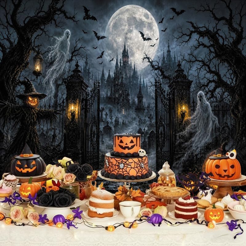 Halloween Graveyard Castle Backdrop 10x8ft, Spooky Ghost Pumpkin Gothic Haunt...