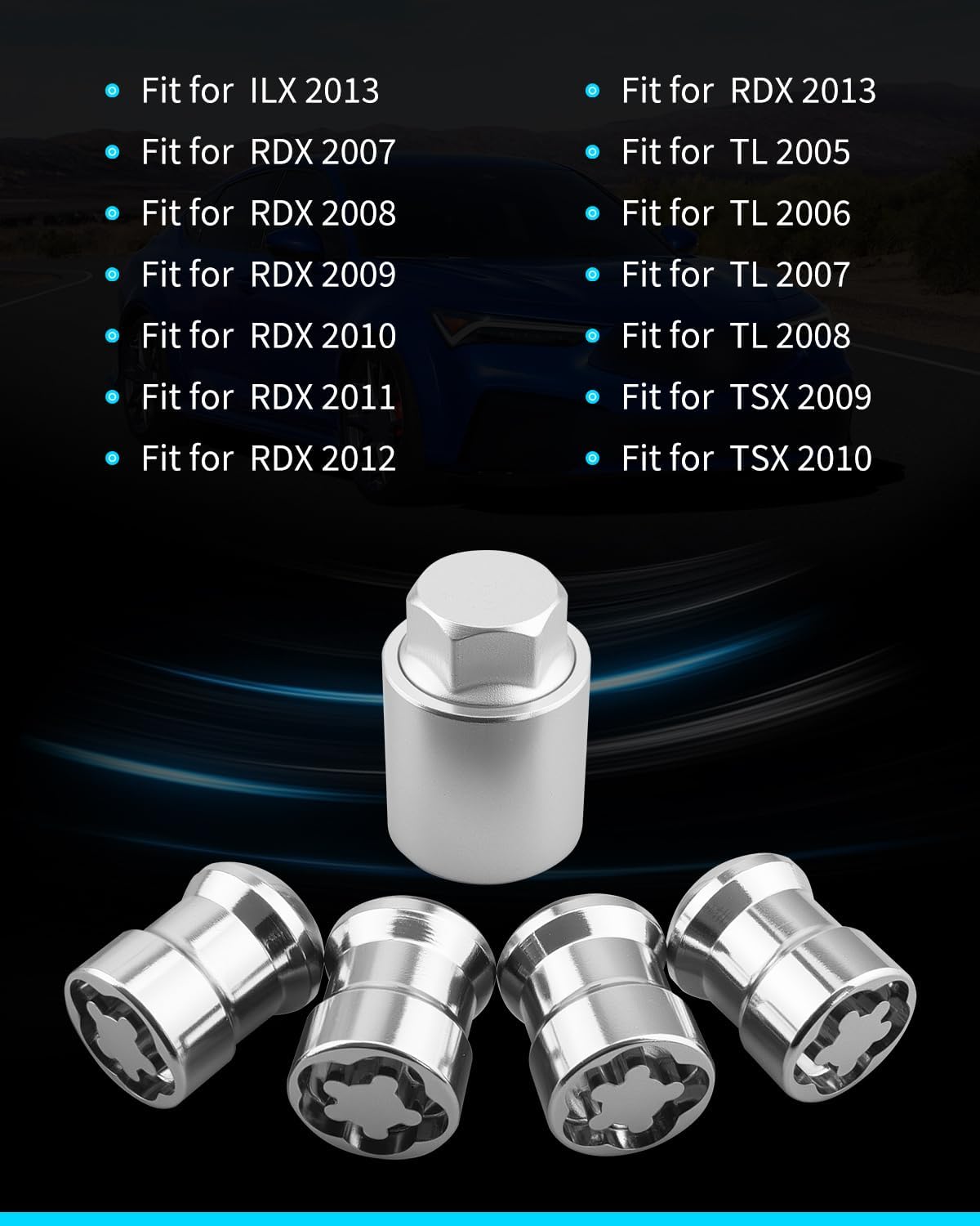 08W42-S6M-201 Exposed Wheel Lock, Chrome – Fit for ILX 2013, for RDX 2007-2013, for TL 2005-2008, for TSX 2009-2010, Hardened-Steel, Theft-Resistant, Triple-Nickel Chrome Plated