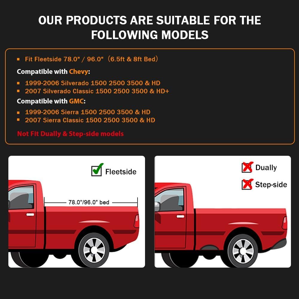 PIT66 Fender Flares Compatible with Chevy Silverado/GMC Sierra 1500 2500 3500 & HD 1999-2006 Fit Fleetside 78.0" / 96.0" bed length models only Textured Pocket Rivet Black