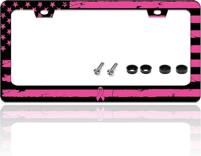Breast Cancer Awareness Pink Ribbon License Plate Frame American Flag License by TINALUIN