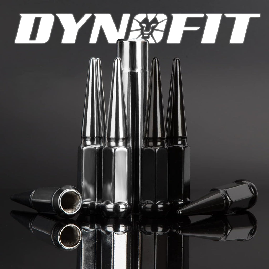 DYNOFIT 14mmx1.5 Spike Lug Nuts, 32PCS Chrome M14x1.5 Lug Nut, 4.4 inch Tall Closed End Nuts with 1 Socket Key Compatible with 1999-2026 Chevy Silverado 1500 GMC Sierra 2500HD,2003-2026 F250 F350