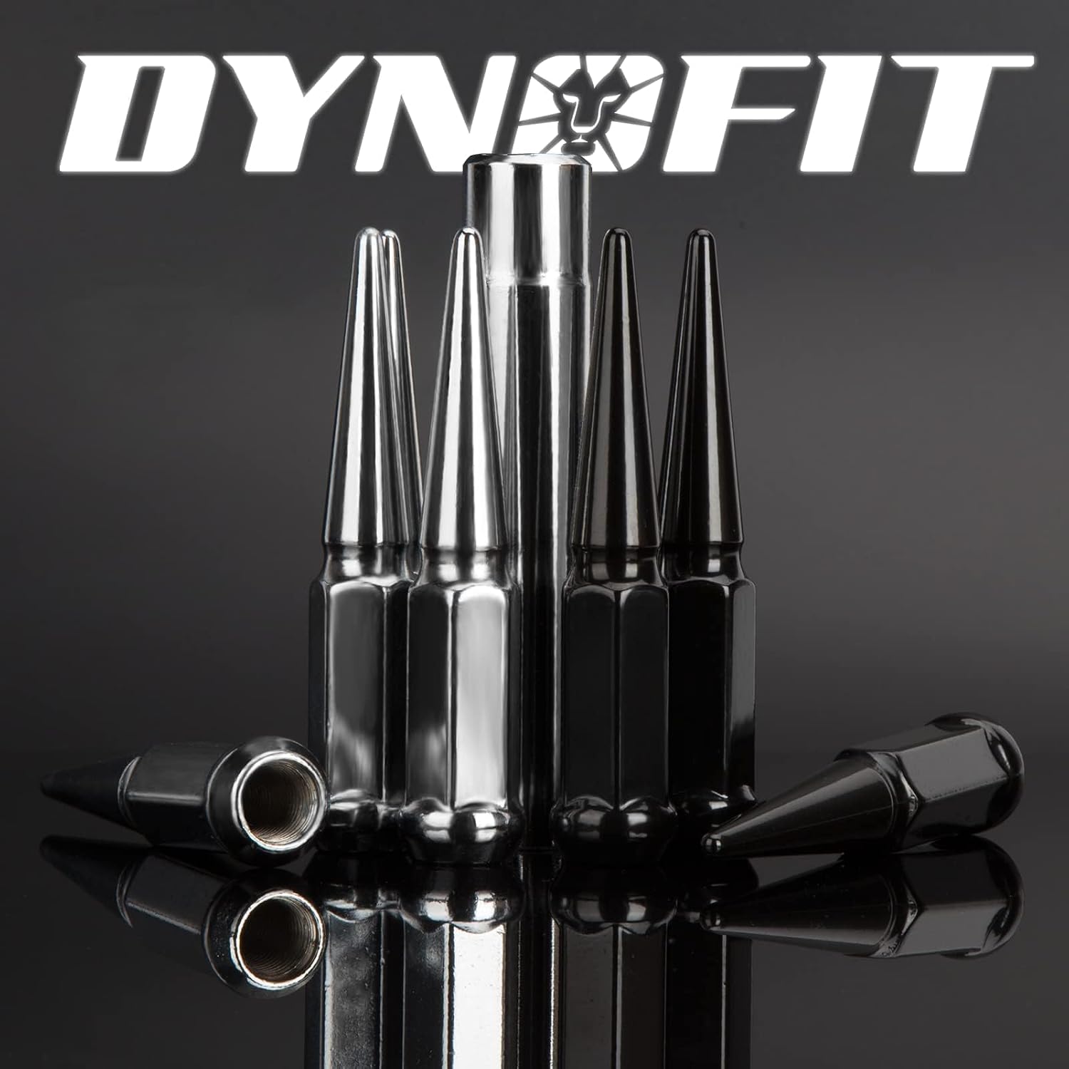 DYNOFIT 14mmx1.5 Spike Lug Nuts, 32PCS Chrome M14x1.5 Lug Nut, 4.4 inch Tall Closed End Nuts with 1 Socket Key Compatible with 1999-2026 Chevy Silverado 1500 GMC Sierra 2500HD,2003-2026 F250 F350