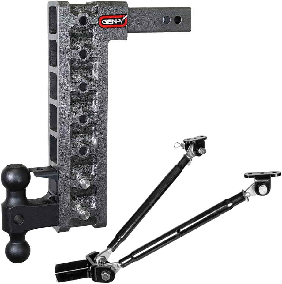 GEN-Y Hitch Tow Hitch for 2" Receiver - 15" Drop/Rise with 7 Adjustable Positions, Includes Dual Ball Mount, Pintle Lock and Stabilizer Kit, 16,000 lbs Towing Capacity, 2,000 lbs Tongue Weight