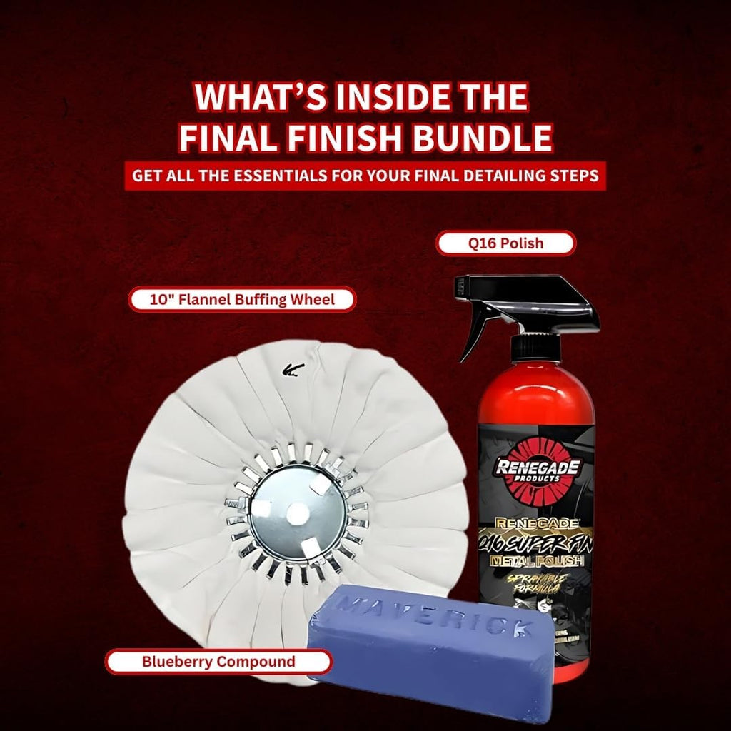 Renegade Products Polishing Final Finish Kit – Q16 Polish, 10" Flannel Buffing Wheel & Blueberry Compound for Final Stage Aluminum & Stainless Steel Shine