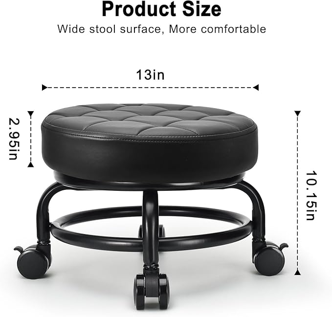 Low Roller Seat Low Height Rolling Stool PU Leather Rolling Stool, Modern - Image 3