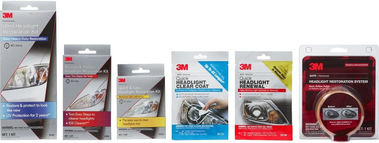 3M Auto Restore and Protect Headlight Restoration Kit, Use On Plastic Lenses, Headlights, Taillight, Fog Lights and More, Includes Sanding Discs, Headlight Clear Coat Wipes, Foam Pad and Glove (39194)