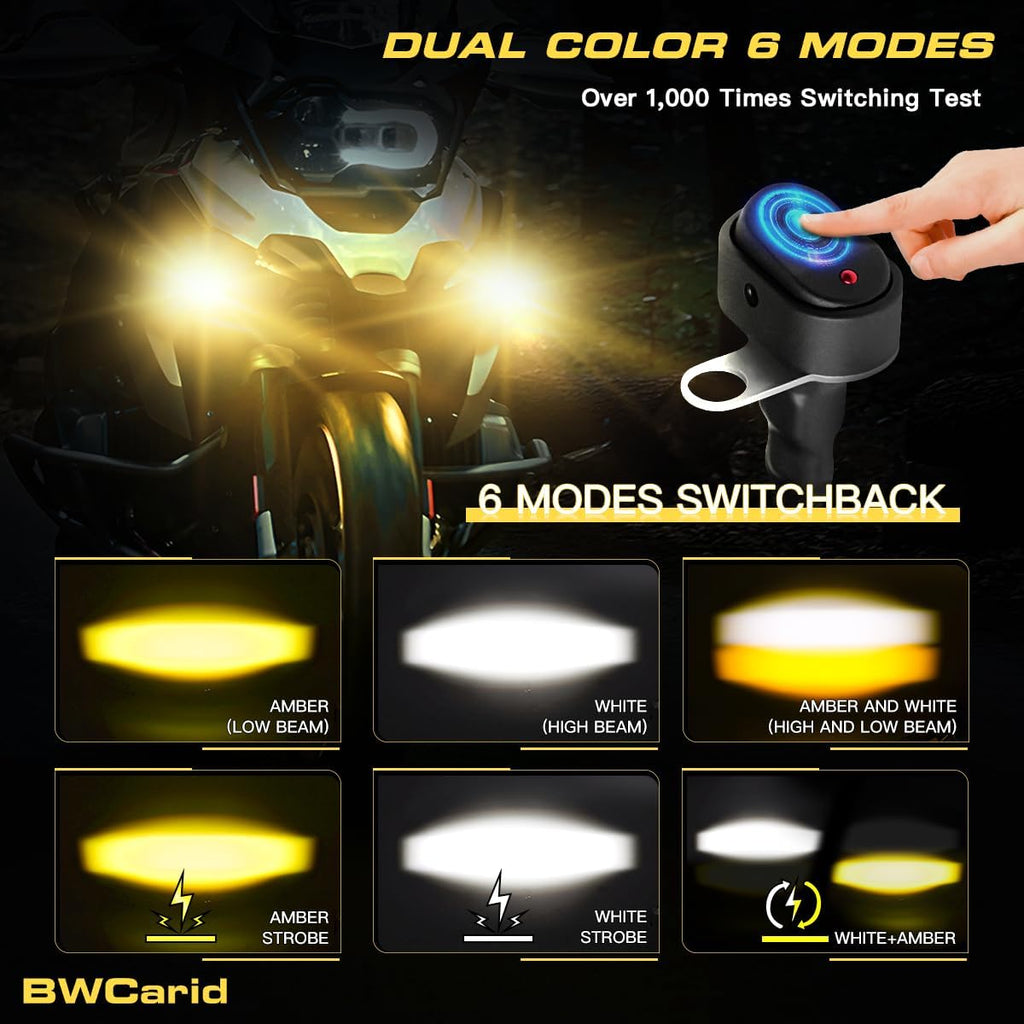 D7 Motorcycle Driving Fog Lights LED Kit Amber White 6 Modes Strobe | Auxiliary Light Pods 50W 5000lm with Clamp Brackets Wiring Harness for R1200GS R850GS ADV Adventure Touring Sport ATV UTV