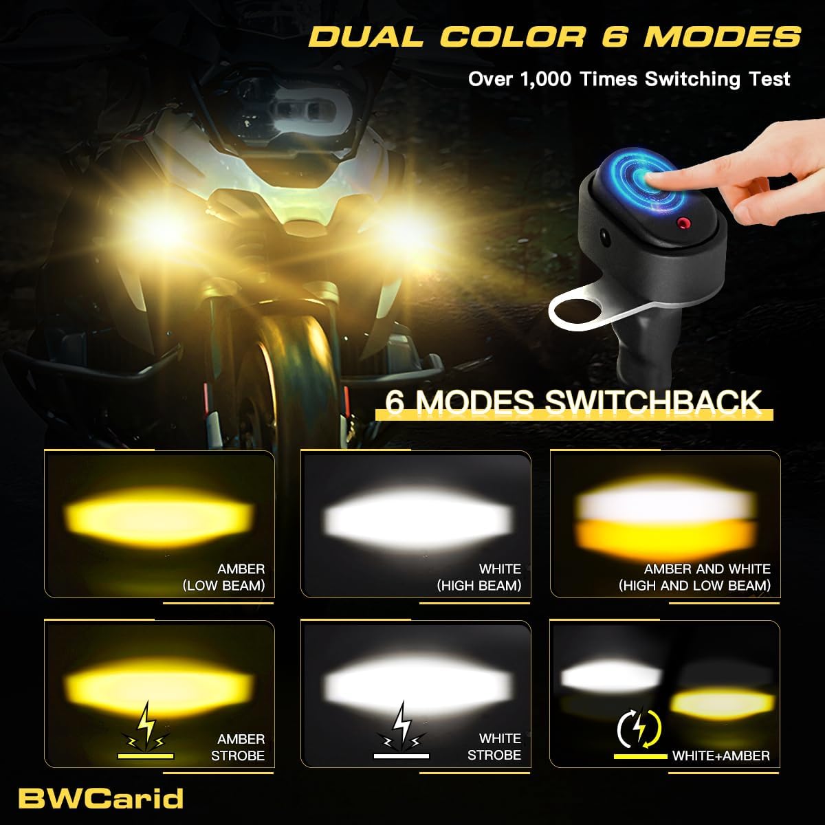 D7 Motorcycle Driving Fog Lights LED Kit Amber White 6 Modes Strobe | Auxiliary Light Pods 50W 5000lm with Clamp Brackets Wiring Harness for R1200GS R850GS ADV Adventure Touring Sport ATV UTV