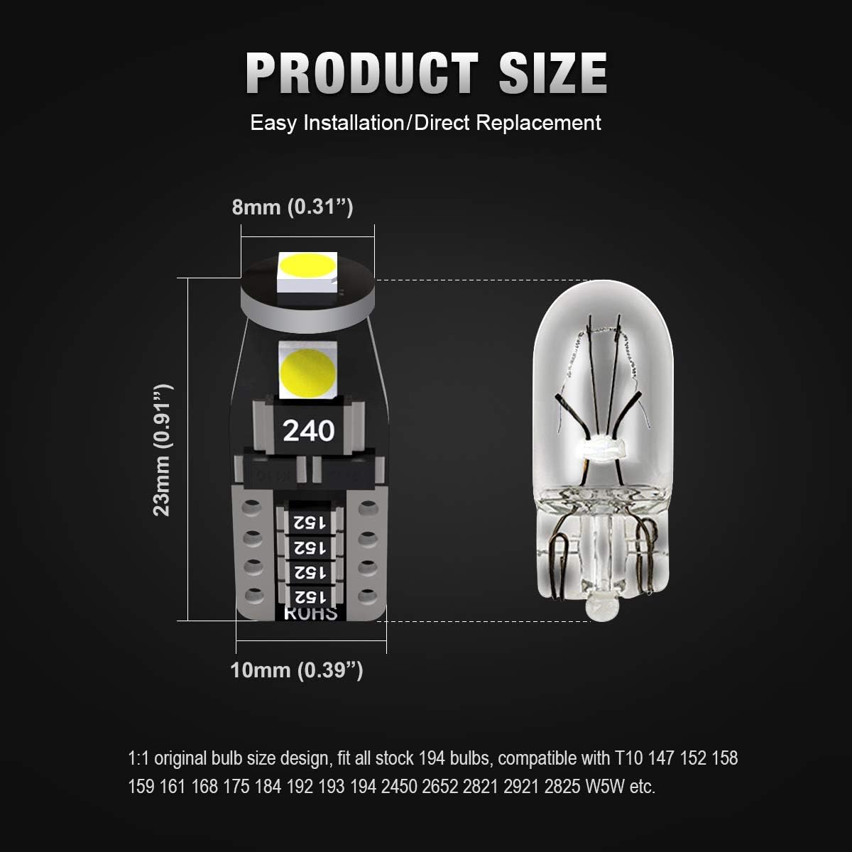 KAFEEK 20x T10 Wedge 194 168 2825 W5W LED Bulbs, Super Bright 3-3030 Chipset, CAN-Bus Error Free, Interior Lights, License Plate Dome Map Door Courtesy Park Lights,Xenon White