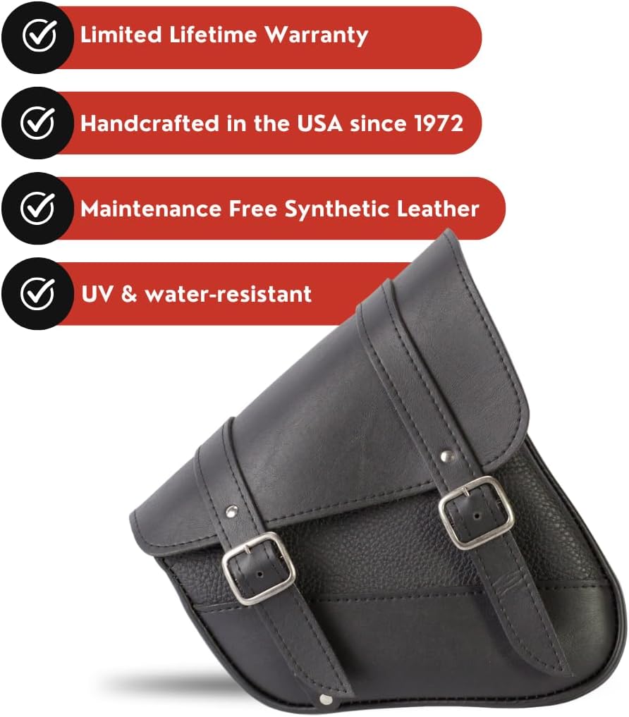 Willie & Max Black Synthetic Leather Motorcycle Swingarm Bag for Sportsters/Dual Shock Models - Nickel Buckle - Made in USA [59778-00]
