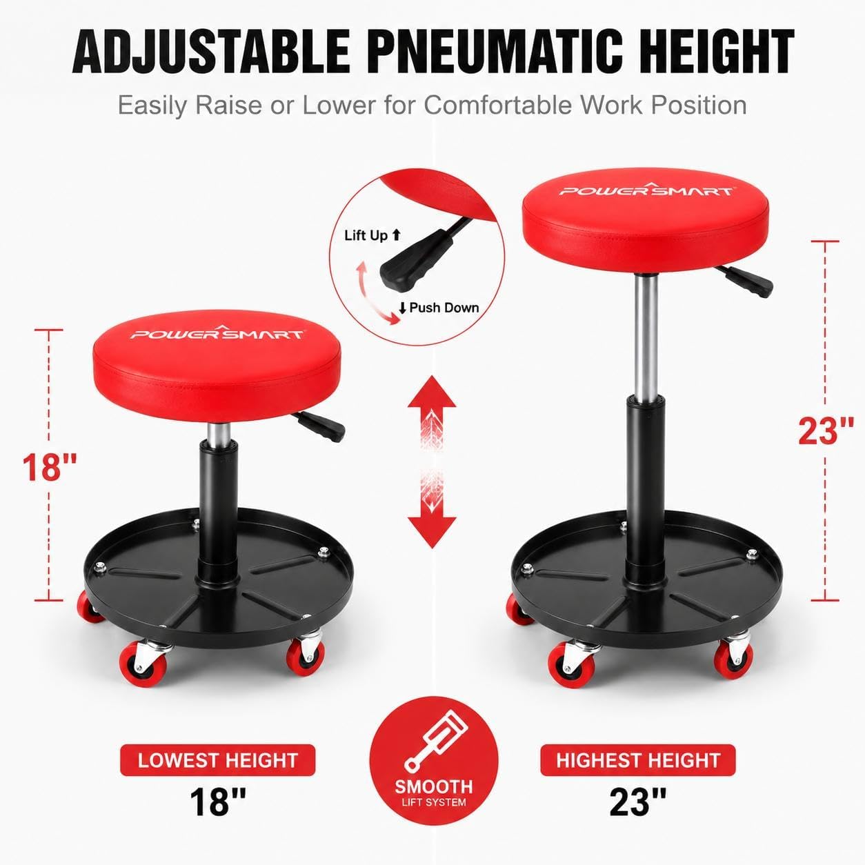 PowerSmart 330 lbs Capacity Pneumatic Roller Seat with Wheels, Adjustable Rolling Mechanic Stool with Tool Tray, Hydraulic Garage Shop Stool, Swivel Creeper Seat for Automotive Repair
