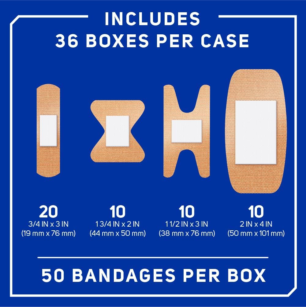care science fabric adhesive bandages, assorted sizes, 50 shown in use