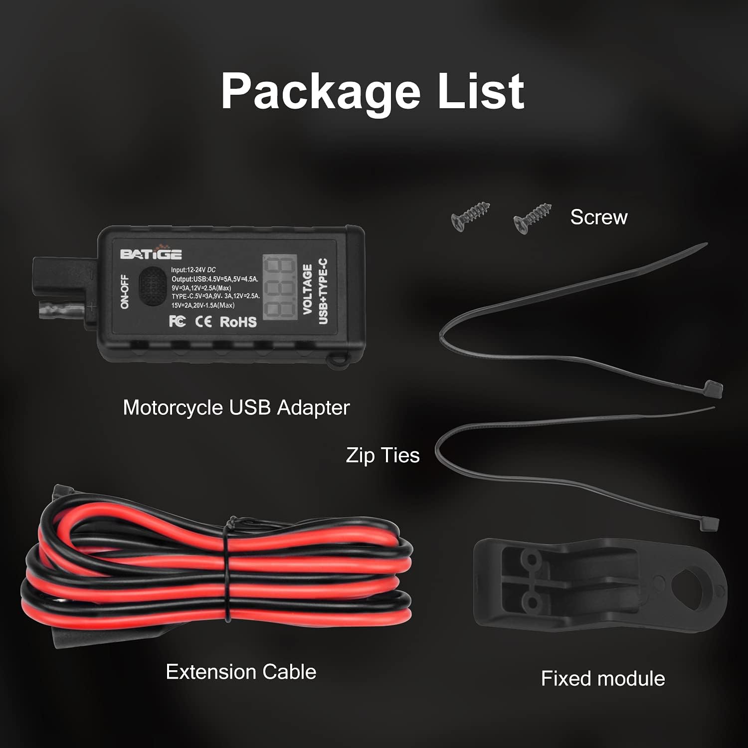 Motorcycle USB Charger SAE to USB Adapter Type C and Quick Charge USB 3.0 with Voltmeter, ON/Off Switch and 3.6FT SAE Extension Cable Waterproof 3 Install Options for GPS Smartphone Camera