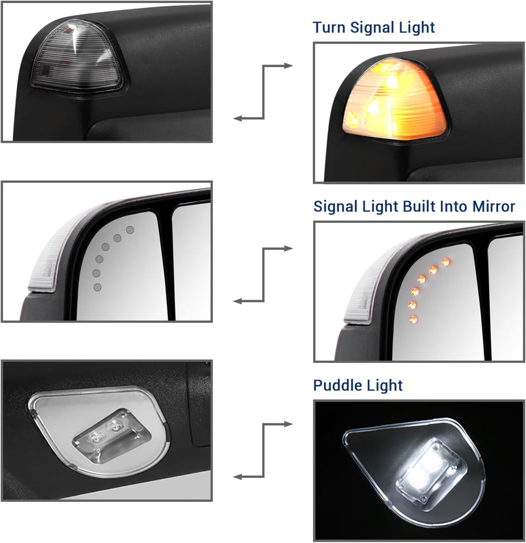 Towing Mirror for Dodge Ram - Replacement fit for 2009-2018 Dodge Ram 1500 2500 3500 Pickup Truck with Power Adjusted Glass Heated LED Turn Signal Light Puddle Lamp Temp Sensor Flip Up Pair Set