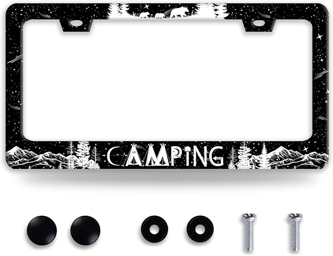 Camping License Plate Frame Forest Mountains License Plate Holder Funny by BRAGHRTED