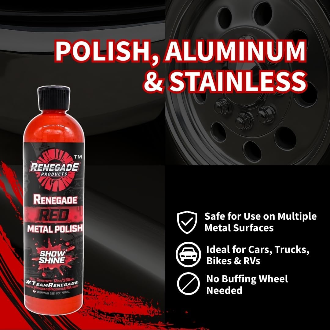 Renegade Products Red Liquid Metal Polish - Metal Polish & Car Scratch Removal, for Use on Chrome, Stainless Steel, & Aluminum, Cleaner & Polish for Cars, Trucks, Bikes