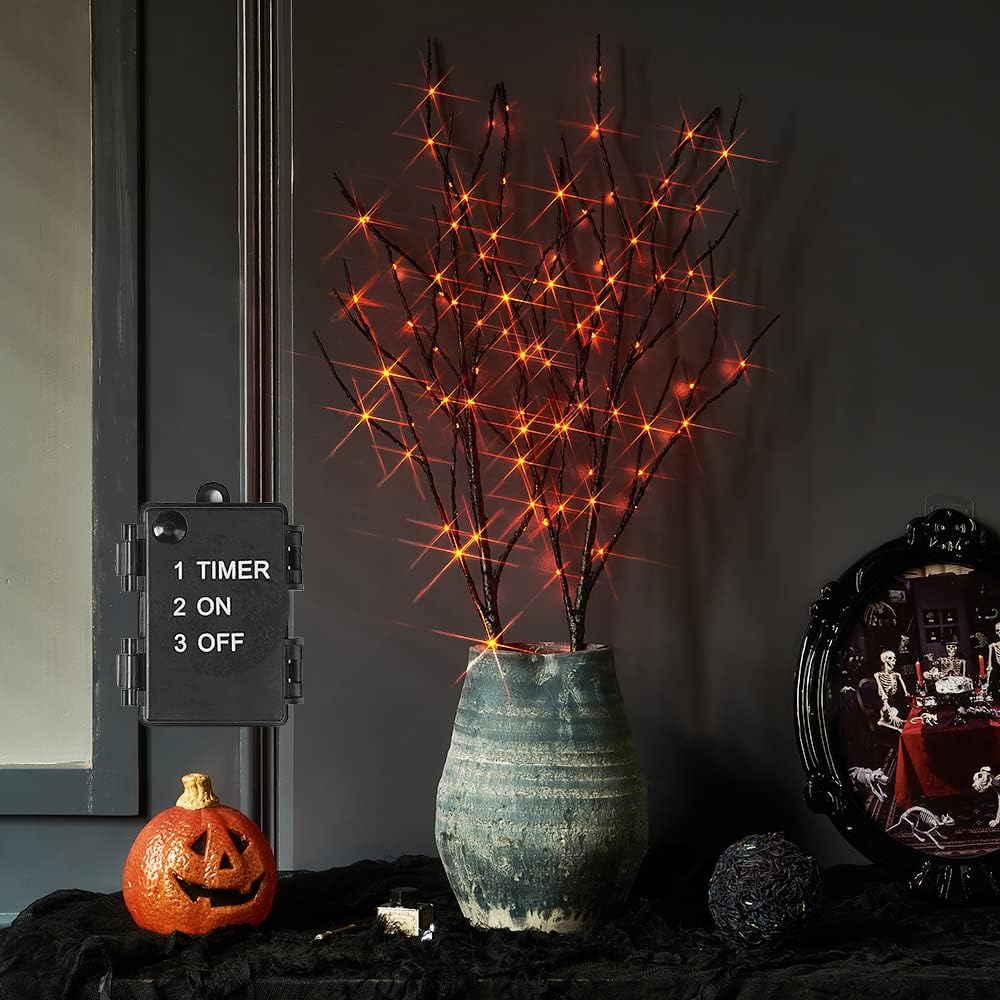 Hairui Lighted Halloween Tree Branches with Timer 32IN 100L Orange Fairy Ligh...