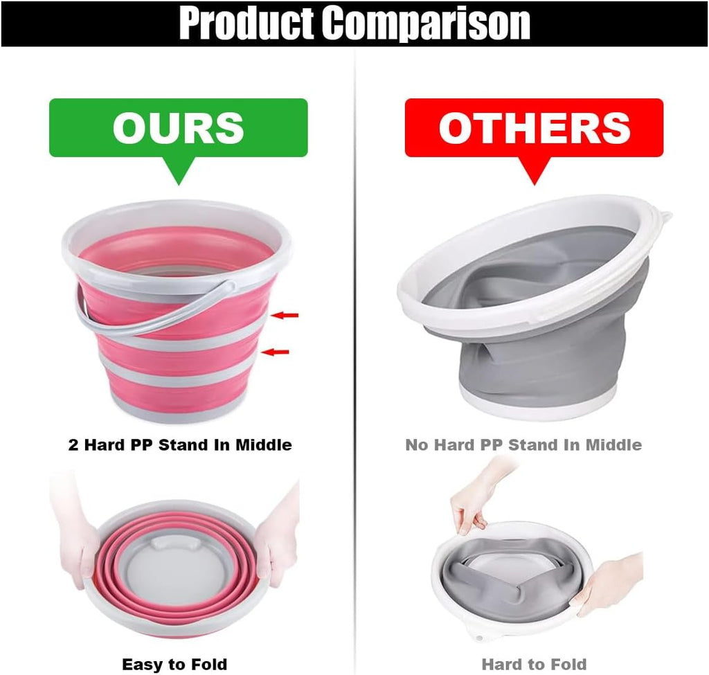 GLSOWEE Car Collapsible Bucket, 10L 2.6 Gallon Folding Bucket Auto Cleaning Plastic Water Bucket, Foldable Portable Bucket Space Saving for Indoor Outdoor Car Wash Garden Camping (Pink)