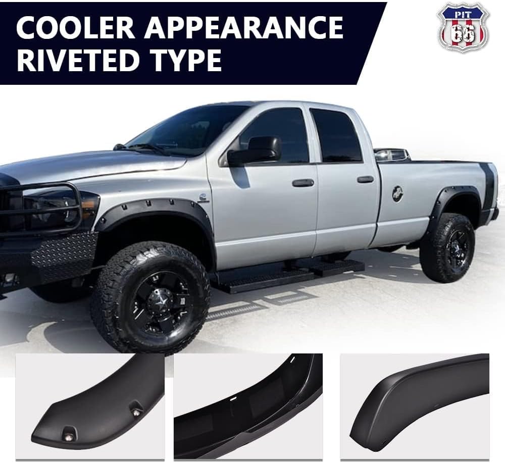 PIT66 Fender Flares Fit 02-09 Dodge Ram 1500 2500 3500 Textured Pocket Riveted Style Wheel Well Protection,UV-Resistant Fender Flares Cover Rust,Mud & Rock Damage Not Fit Dually/Hemi