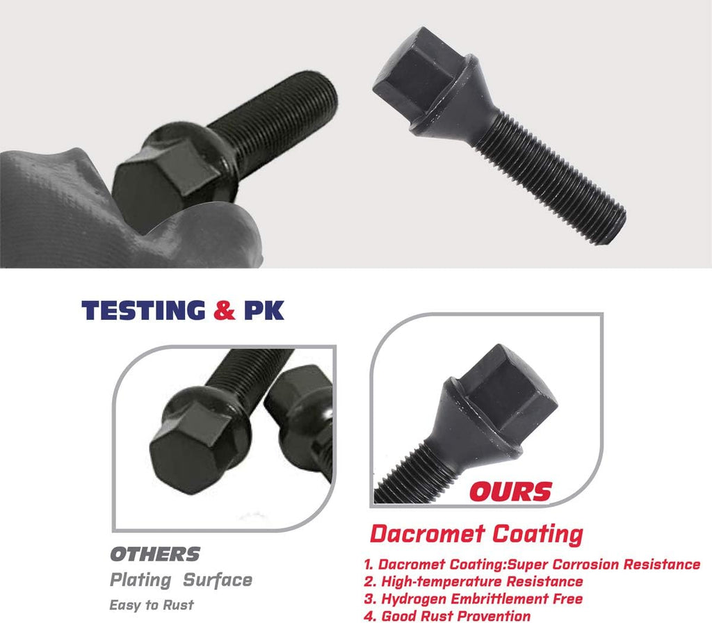 12x1.5mm Tuner Lug Bolts, KSP Conical Seat Extended 40mm Shank 17mm Hex for Aftermarket Wheels, 5PCS Black