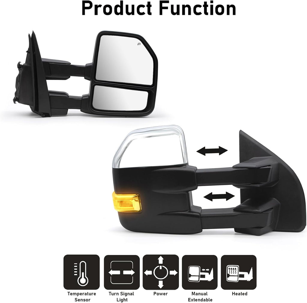 NEYASU Pair Tow Mirrors fit for 2015 2016 2017 2018 2019 2020 Ford F150 Pickup Truck Power Glass Heated Defrost LED Turn Signal Lights Temperature Sensor with 8 Pin Plug Chrome Cap