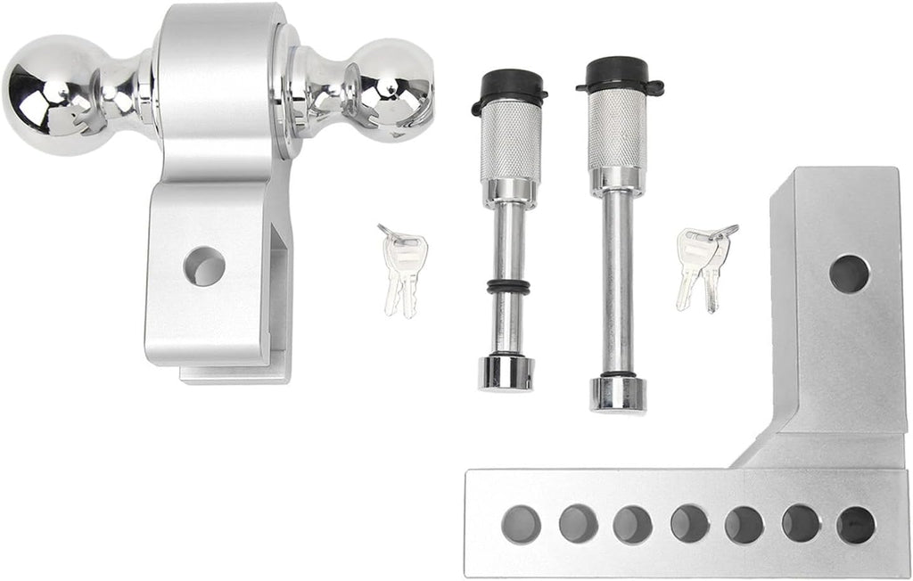 Adjustable Trailer Hitch 6in Drop Rise, Heavy - Duty Stainless Steel Receiver Hitch Kit for 2in Trailer Towing, 12500 LBS Capacity with Traction Hook (Electroplated Silver)