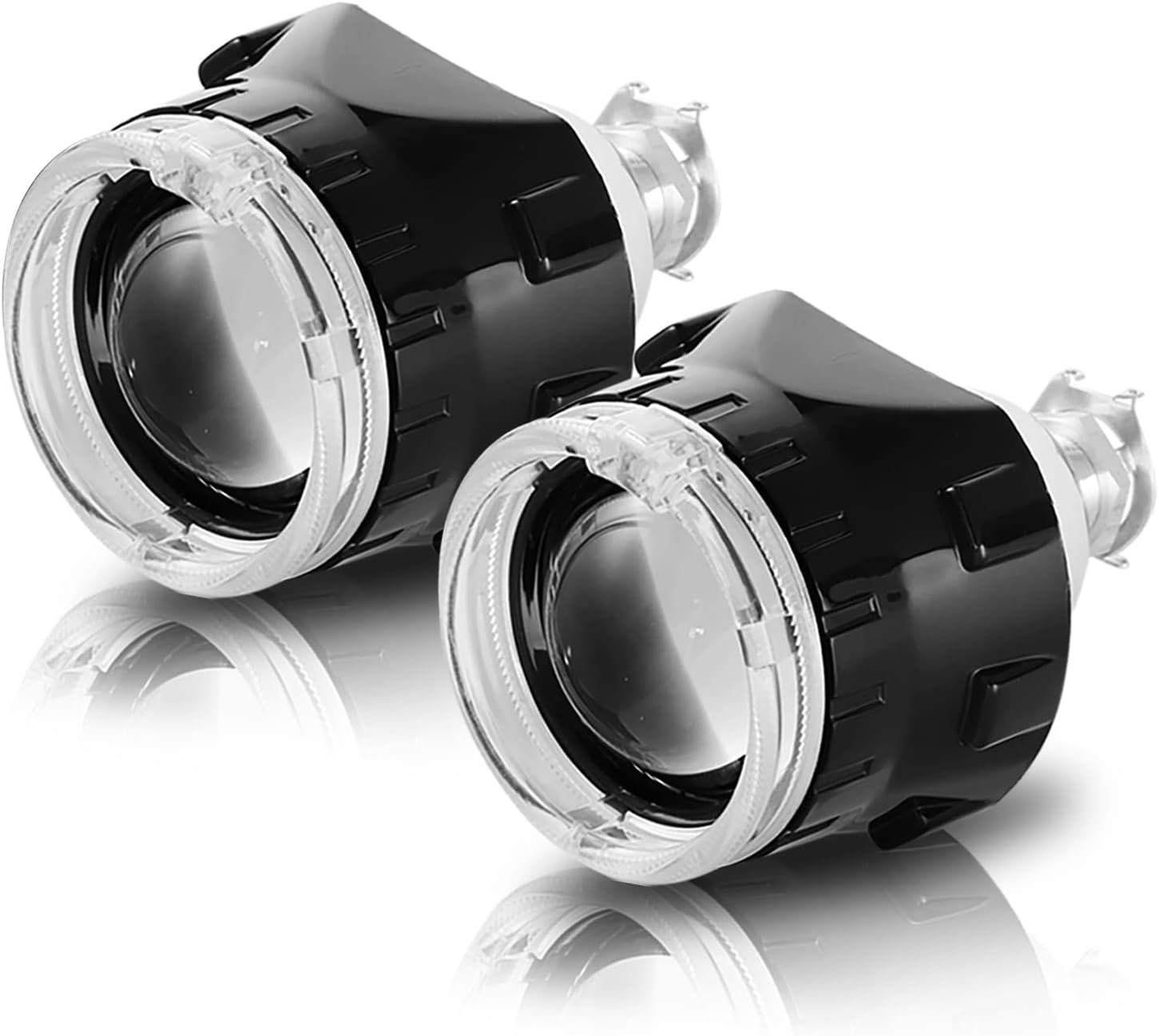 2.5 inch Bi-Xenon HID Projector Lens H4 H7 H11 Car Retrofit Styling Use H1 light Universal (Black Shroud with White Angel Eyes)