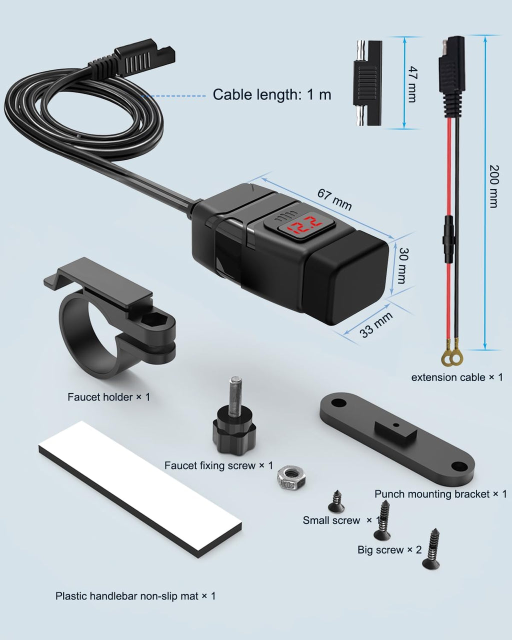 EXTRACTME Motorcycle USB Charger, 6.8A Quick Charge 3.0 Dual USB Motorcycle Phone Charger with Voltmeter & ON/Off Switch, Waterproof Quick Disconnect SAE to USB Adapter for Phone, Tablet, GPS