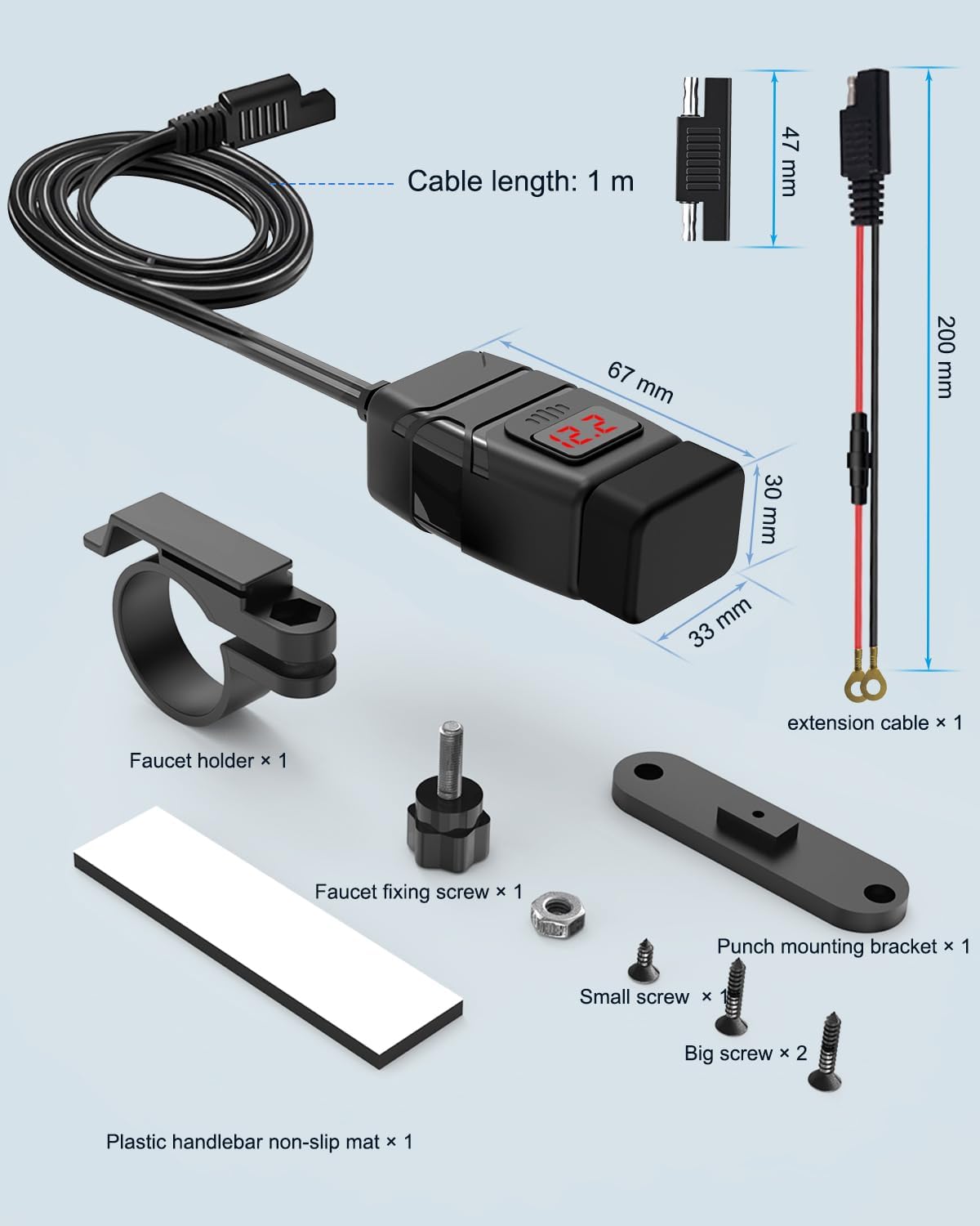 EXTRACTME Motorcycle USB Charger, 6.8A Quick Charge 3.0 Dual USB Motorcycle Phone Charger with Voltmeter & ON/Off Switch, Waterproof Quick Disconnect SAE to USB Adapter for Phone, Tablet, GPS