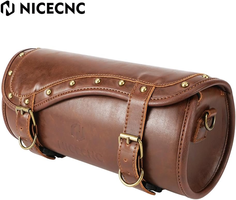 NICECNC Vintage Crazy Horse Lines Motorcycle Handlebar Bag - Universal Saddle Bag with Reinforced Straps, Brown