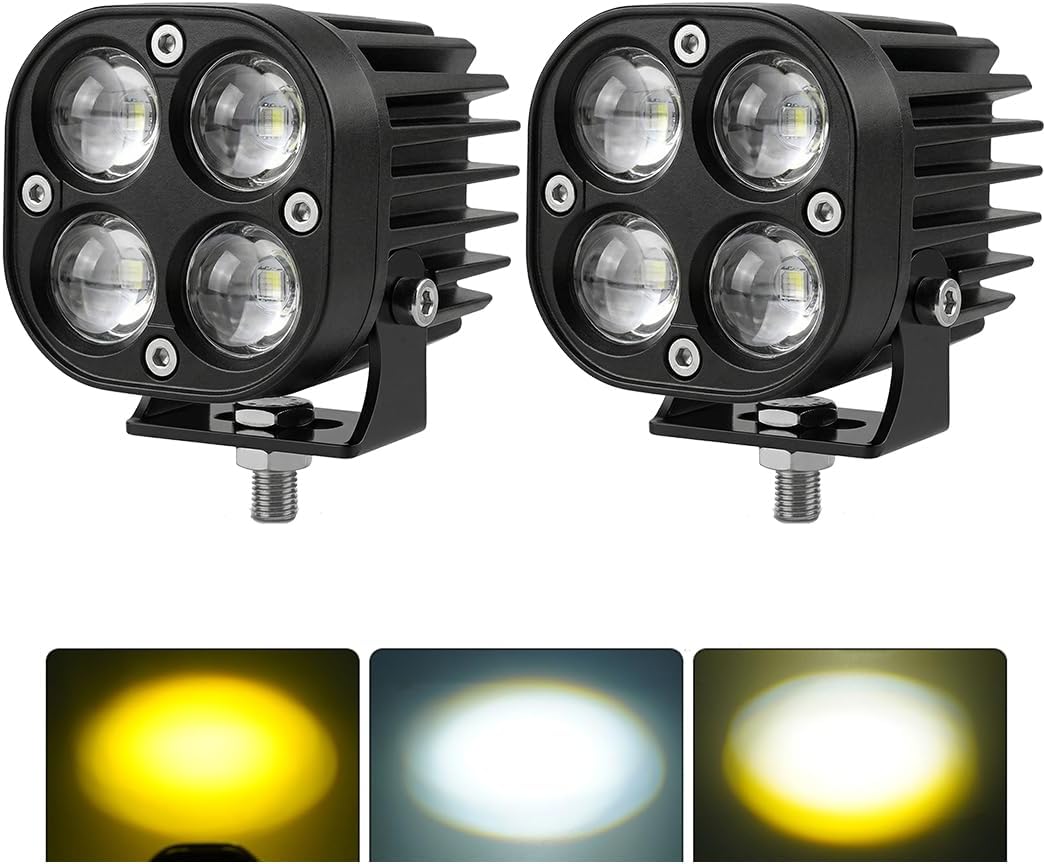 LED Motorcycle Lights,3 Inch 28W Super Bright 4 LED Pods Spotlights with Yellow+White Dual Light Colors, 12-80V Waterproof Driving Fog Lights for Motorcycle, ATV, UTV, Off-Road Vehicles 2 Pack