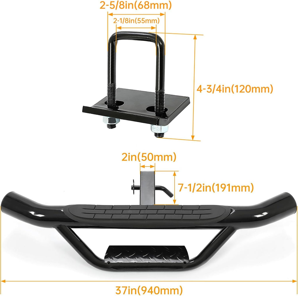 ECOTRIC Universal Bumper Trailer Hitch Step for SUV Trucks Pickups with 2 | Inch Receiver, Solid with Hitch Pin & U-Bolts Stabilize, Tow Rear Bumper Guard Protector Steel