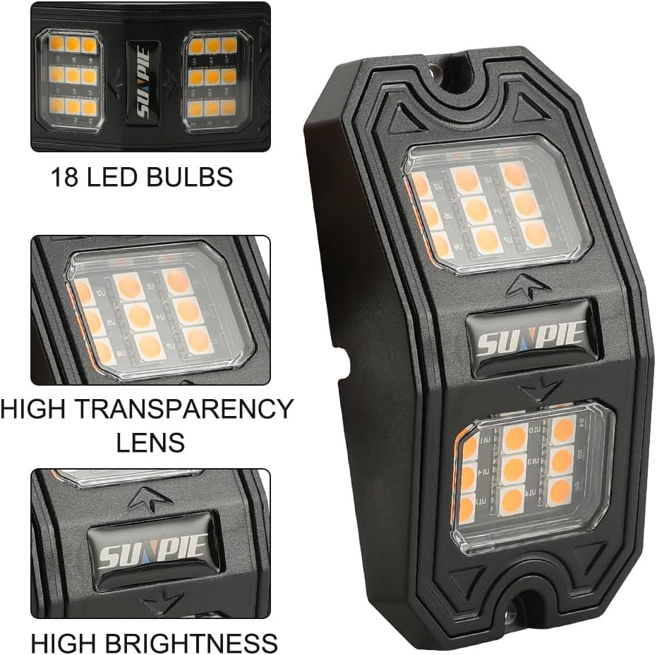 SUNPIE 8 Pods Quick Connect Amber Rock Lights, 18 Wide Angle Chips, 4M Extension Wires Each Light, Mounting Pads, IP67 Waterproof, Fits for Trucks Trailer SUV ATV UTV