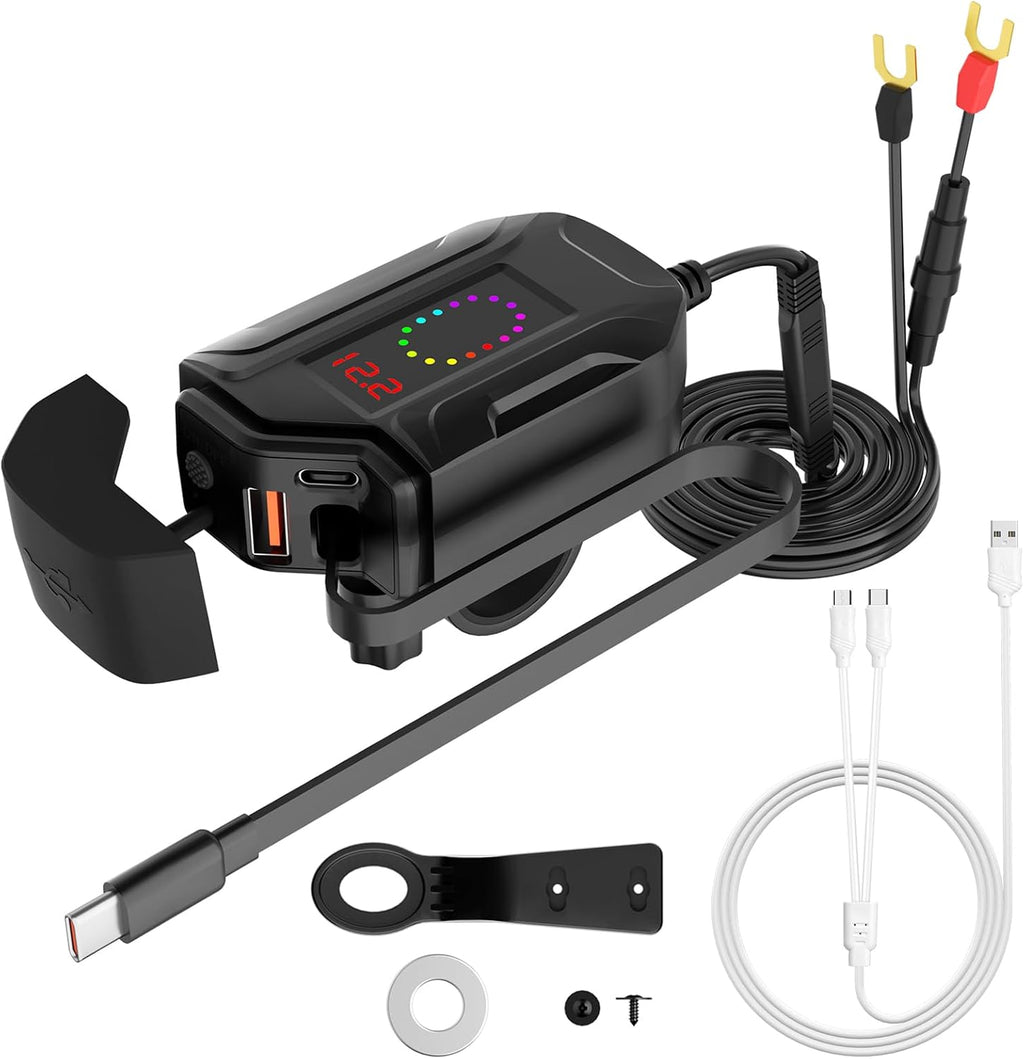 Motorcycle USB Charger 30W PD+18W QC3.0 with 70cm Retractable Type-C Cable,12–24V Waterproof Phone Charger USB Charging Port Adapter with Voltmeter & Switch,3A USB Cable for Dirt Bike,ATV