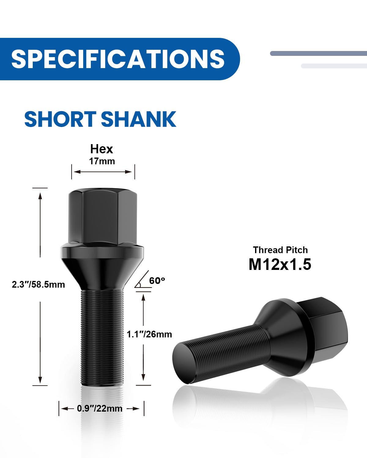 GAsupply 12X1.5 26mm Shank Lug Bolts Fit for BMW 128i 135i 318i 320i 325i 328i 335i M3 525i 528i 530i 535i M5 Z3 Z4 E36 E46 E60 E90 E92 E93, 20pcs OEM Length Wheel Black Studs, 17mm Hex, Cone Seat