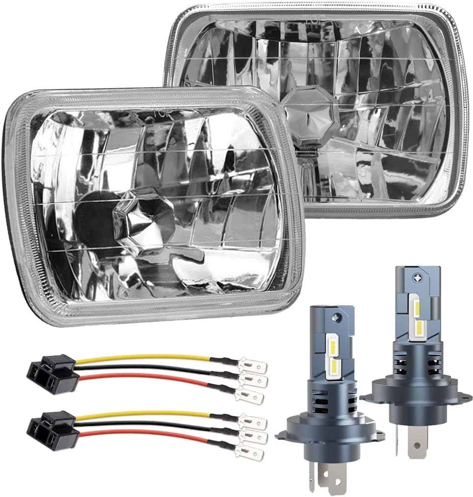 5X7 7X6 H6054 Glass Square Headlight Housings and H4 Light Bulbs | 6500K LED High Low Beam 7 inch OEM Style Original Classic Look Conversion Assembly Pair Kit for Cars Truck and Van
