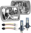 5X7 7X6 H6054 Glass Square Headlight Housings and H4 Light Bulbs | 6500K LED High Low Beam 7 inch OEM Style Original Classic Look Conversion Assembly Pair Kit for Cars Truck and Van