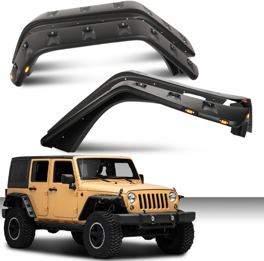 Fender Flares Compatible With 2007-2018 Jeep JK Wrangler Model Unlimited, Rubicon Unlimited 4PCS Textured Front and Rear Pocket Riveted Style With LED light Side Makers