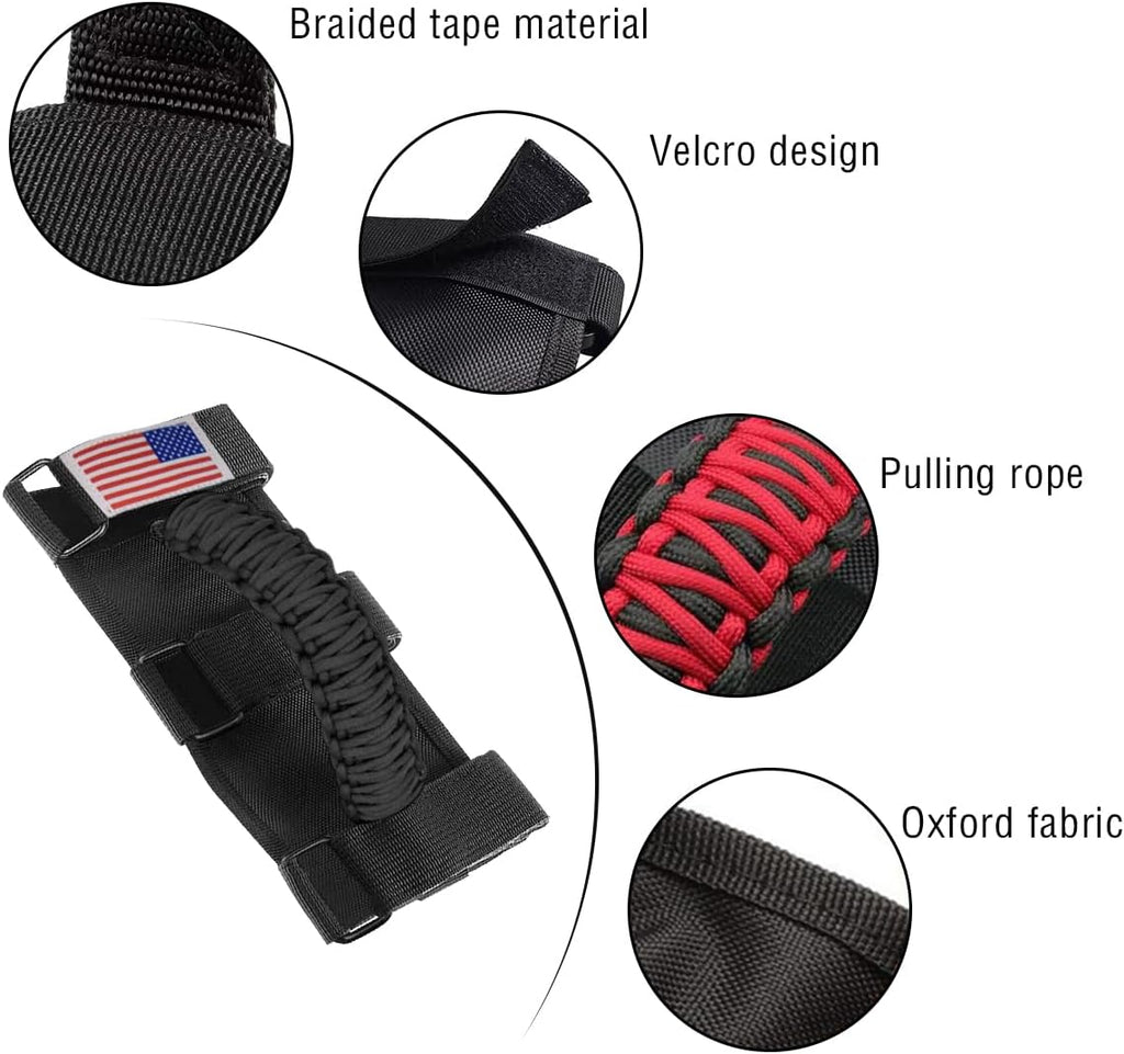 HZEL 2PCS Roll Bar Grab Handles, Oxford Cloth Upgrade Metal Buckle Paracord Grip Handles, Durable and Strong Car Accessories, Compatible with Wrangler JL, JLU, JT, JK, JKU, TJ, LJ and YJ (Black)