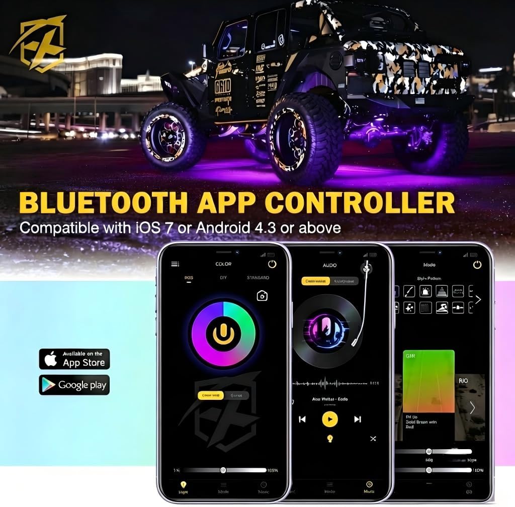 Xprite Colorful LED Rock Lights Kit with Bluetooth & Wireless Remote Controller, Multicolor Cars Underglow, Wheel, Footwell Neon Light Kits, for Off-Road UTV ATV Trucks SUV Motorcycle Boats - 10 Pods