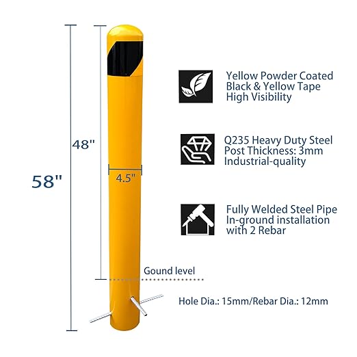 58" Pour in Place Steel Bollard Post, 4-1/2" OD Safety Bollard Yellow Powder - Image 3