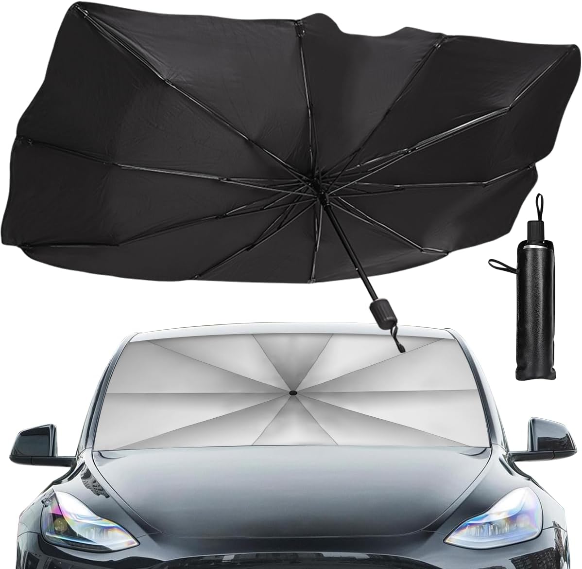 [2026 Upgraded] Sedan SUV Car Sun Shade for Windshield UV Rays and Heat Sun Visor Protector,Foldable Windshield Sun Shade Umbrella,Keep Car Cool,Easy to Use/Store,57''x 31''
