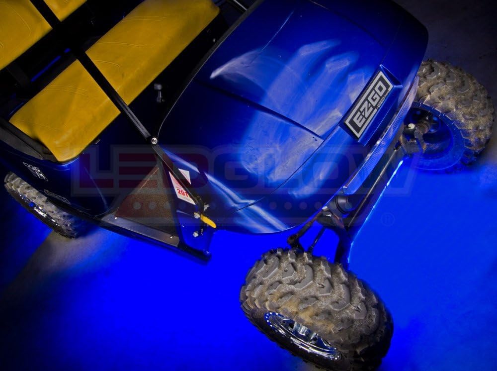 LEDGlow 4pc Blue LED Golf Cart Underbody Underglow Accent Neon Light Kit for EZGO Yamaha Club Car - Water Resistant Flexible Tubes - Includes Control Box & Wireless Remote