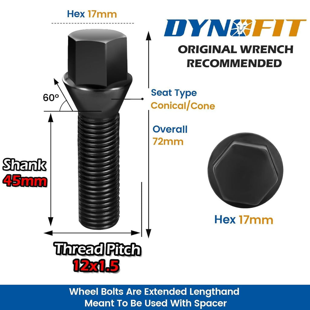 Dynofit M12x1.5 Extended Lug Bolts Compaible with BMW, 45mm Shank Conical Seat Aftermarket ET Wheel Bolts for E91 E92 E93 E88 E82, 12x1.5 one piece Design Wheel Studs for 20mm Spacer